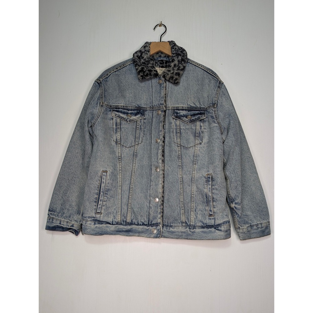 We The Free Leopard Faux Fur Lined Denim Trucker Jacket Light Wash XS
